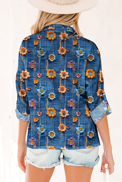 Floral Patchwork Long Sleeve Collared V-Neck Blouse