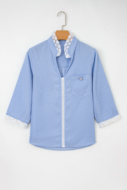 Dotted Denim Lace Trim Collared V-Neck Blouse