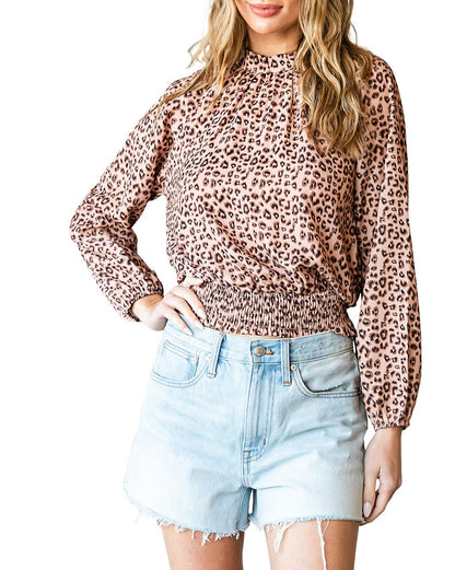 Leopard Smocked Bubble Sleeve Blouse