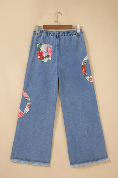 Floral Peace Sign Embroidered Patch Wide Leg Jeans