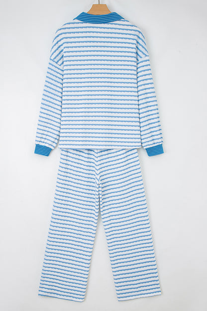 Stripe Collared Top and Drawstring Pants Set