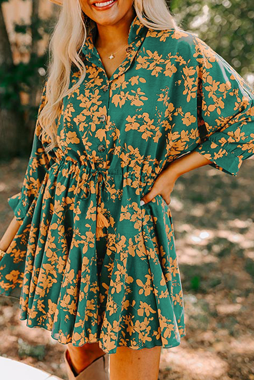 Floral Drawstring Waist Flowy Dress