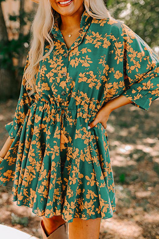 Floral Drawstring Waist Flowy Dress