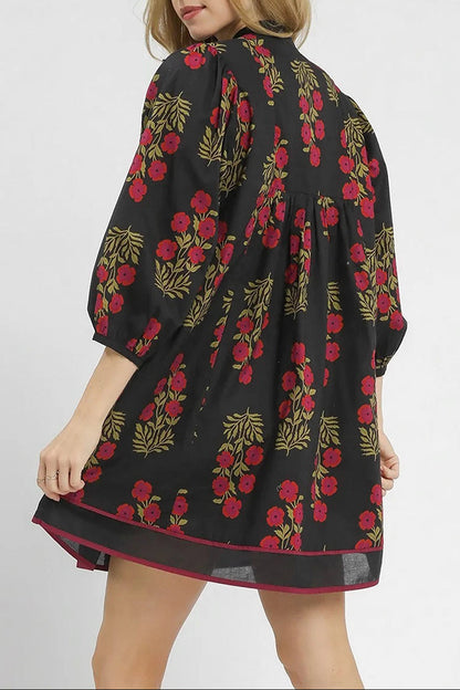 Floral Notch Neck Piping Trim Babydoll Dress