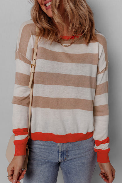 Stripe Colorblock Crewneck Drop Shoulder Sweater