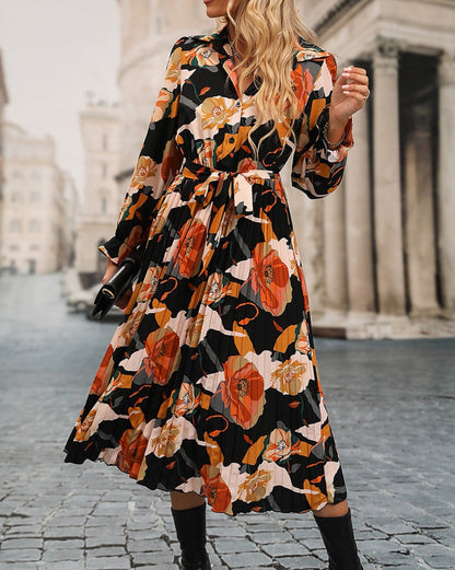 Floral Pleated Midi Shirt Dress