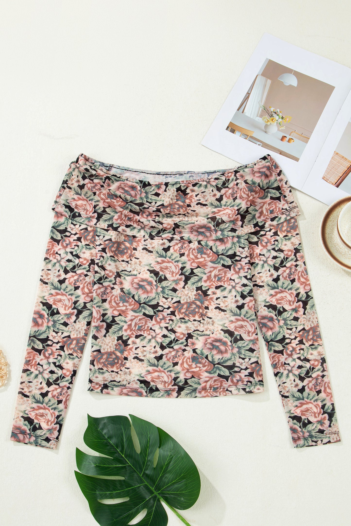 Floral Mesh Off Shoulder Long Sleeve Top