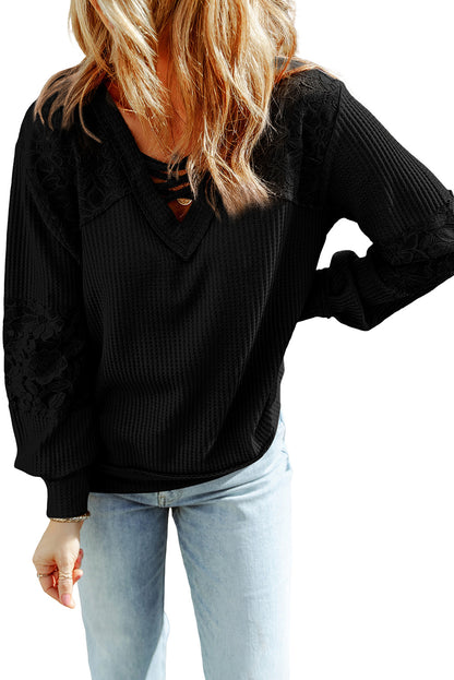 Lace Waffle Patchwork Long Sleeve Top