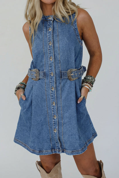 Western Denim Belted Button Down Sleeveless Dress