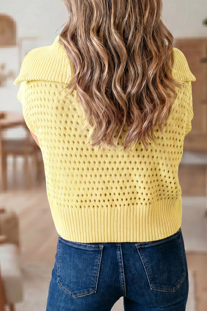 Solid Hollowed Knit Zipped Collar Short Sleeve Top