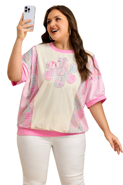 Plus Size Floral Patchwork Embroidered T-Shirt