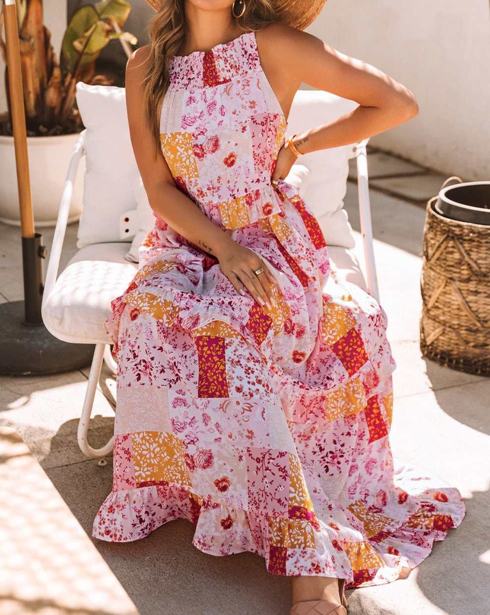 Geometric Floral Sleeveless Maxi Dress