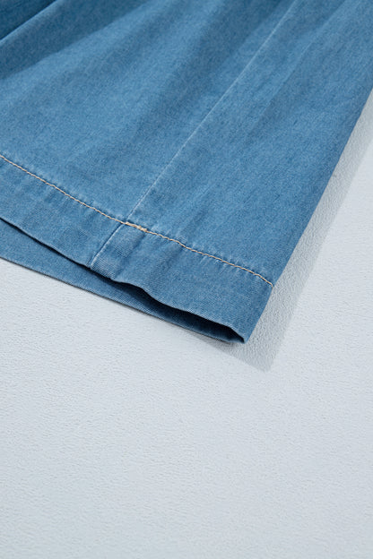 Denim Half Button Pleated Drawstring Mini Skirt