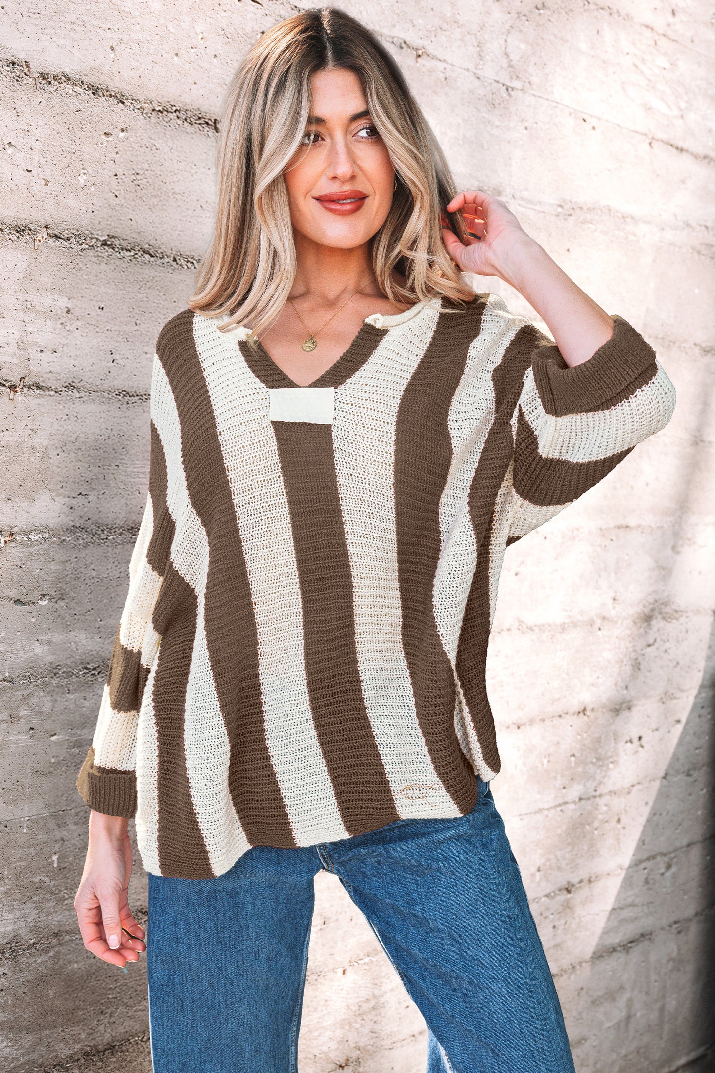 Colorblock Stripe V-Neck 3/4 Sleeve Sweater
