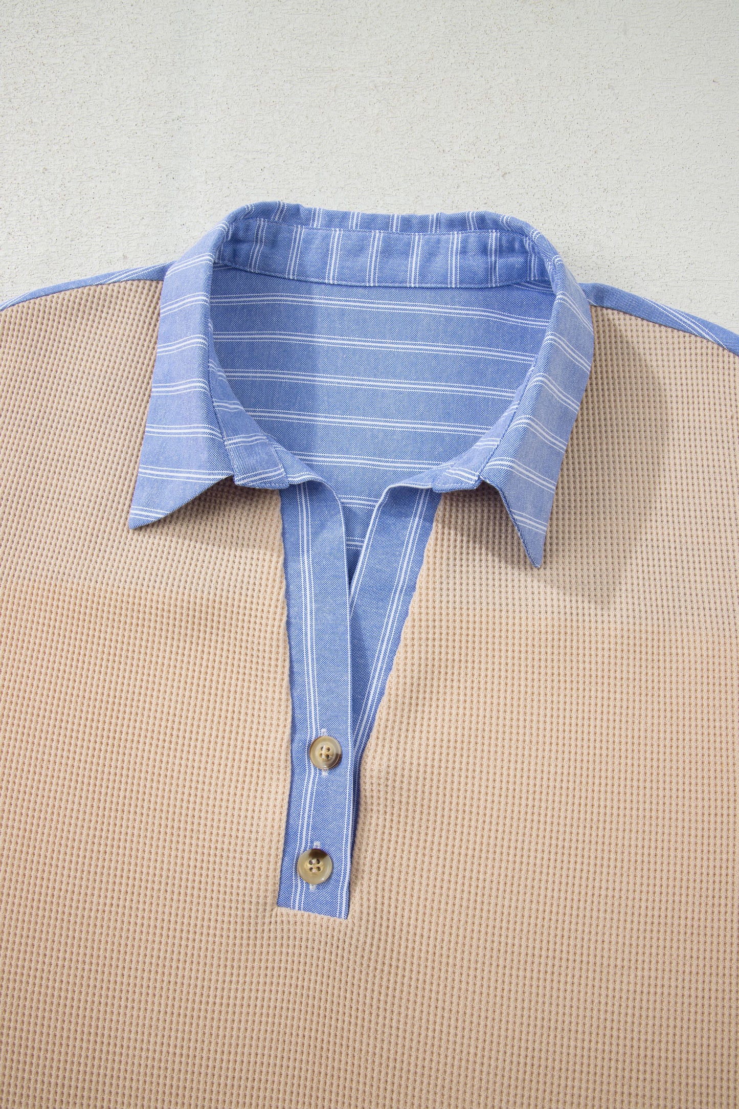 Plus Size Stripe Contrast Trim Waffle Knit Collared Top