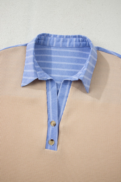 Plus Size Stripe Contrast Trim Waffle Knit Collared Top