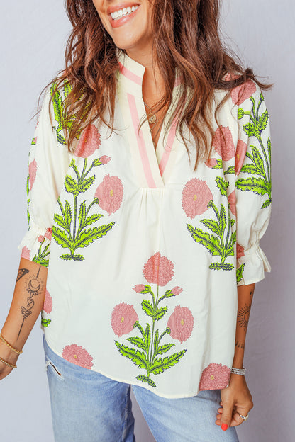 Flower Contrast V-Neck 3/4 Sleeve Blouse
