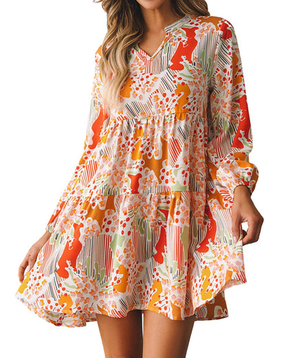 Abstract 3/4 Puff Sleeve Dress