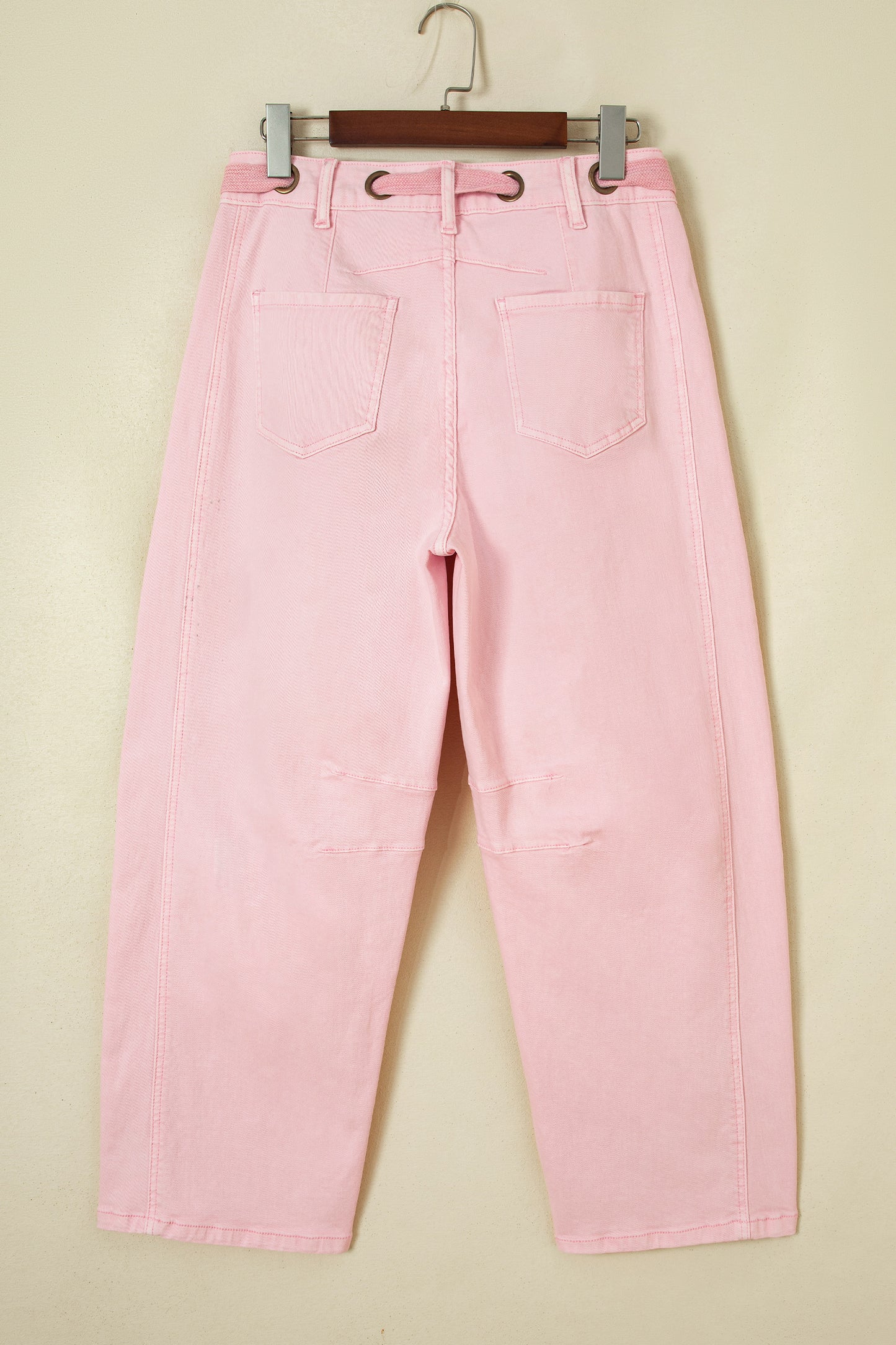 Solid Denim Grommet Tie Waist Barrel Leg Jeans