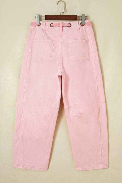 Solid Denim Grommet Tie Waist Barrel Leg Jeans