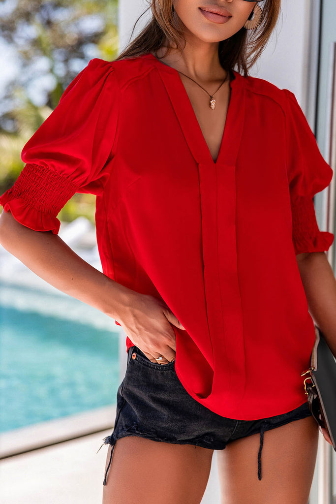 Pleated Puff Sleeve V-Neck Blouse