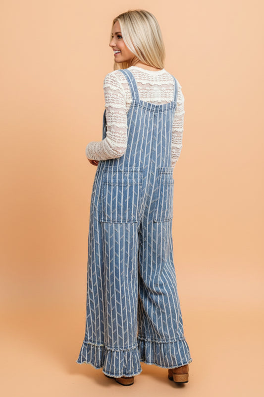 Stripe Distressed Denim Ruffle Wide Leg Overalls