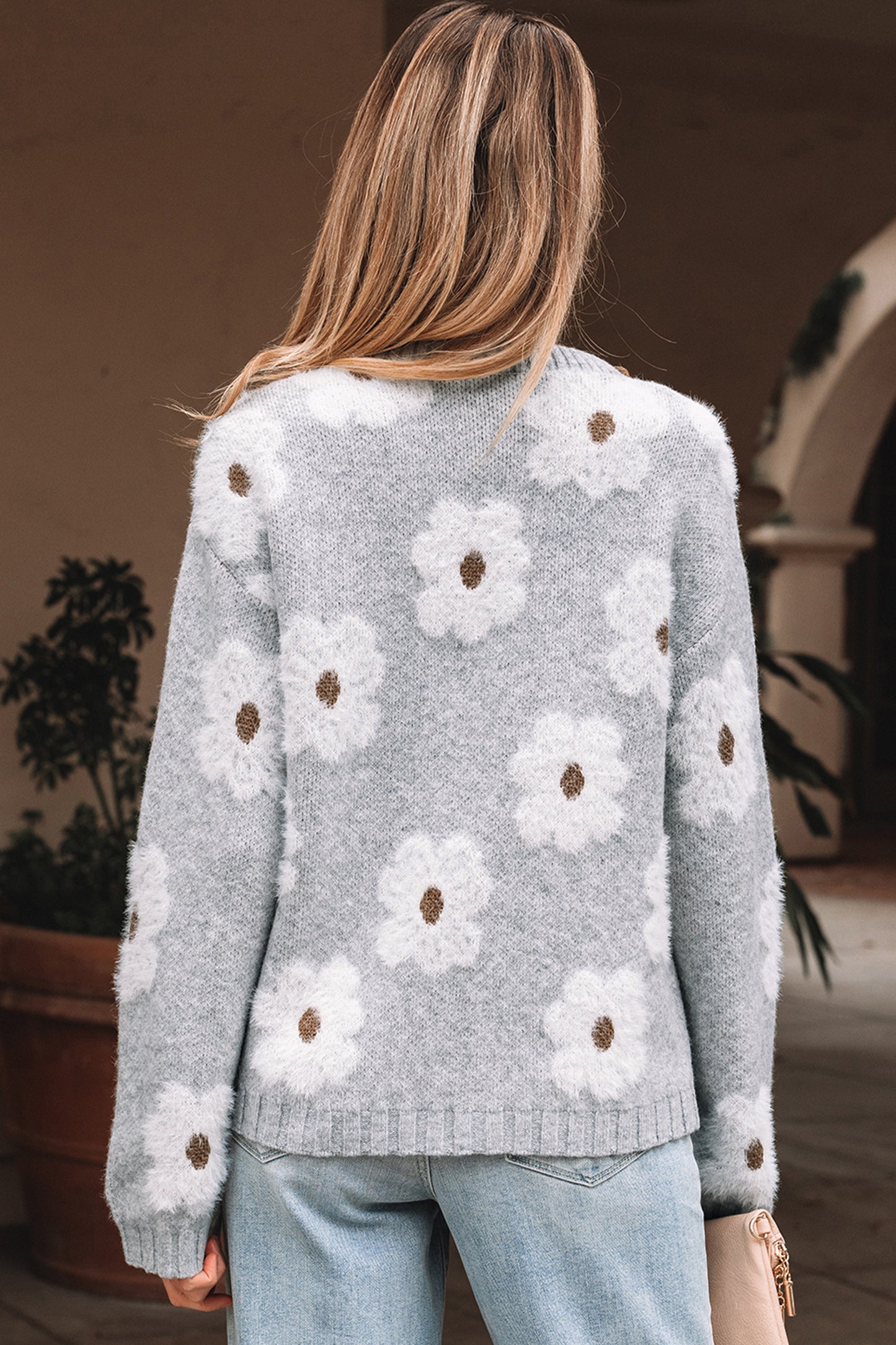 Floral V-Neck Drop Shoulder Baggy Sweater