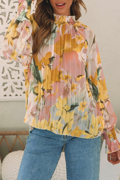 Floral Pleated Mock Neck Blouse