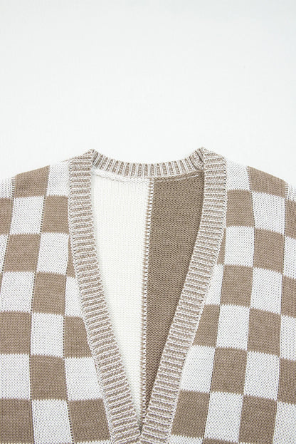 Checker Open Front Drop Shoulder Cardigan