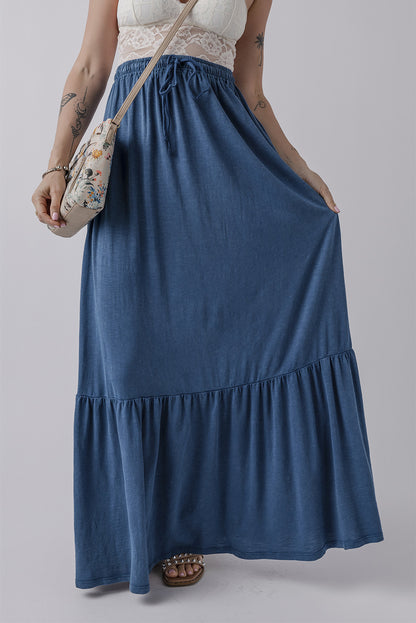 Denim Chambray Tiered Maxi Skirt