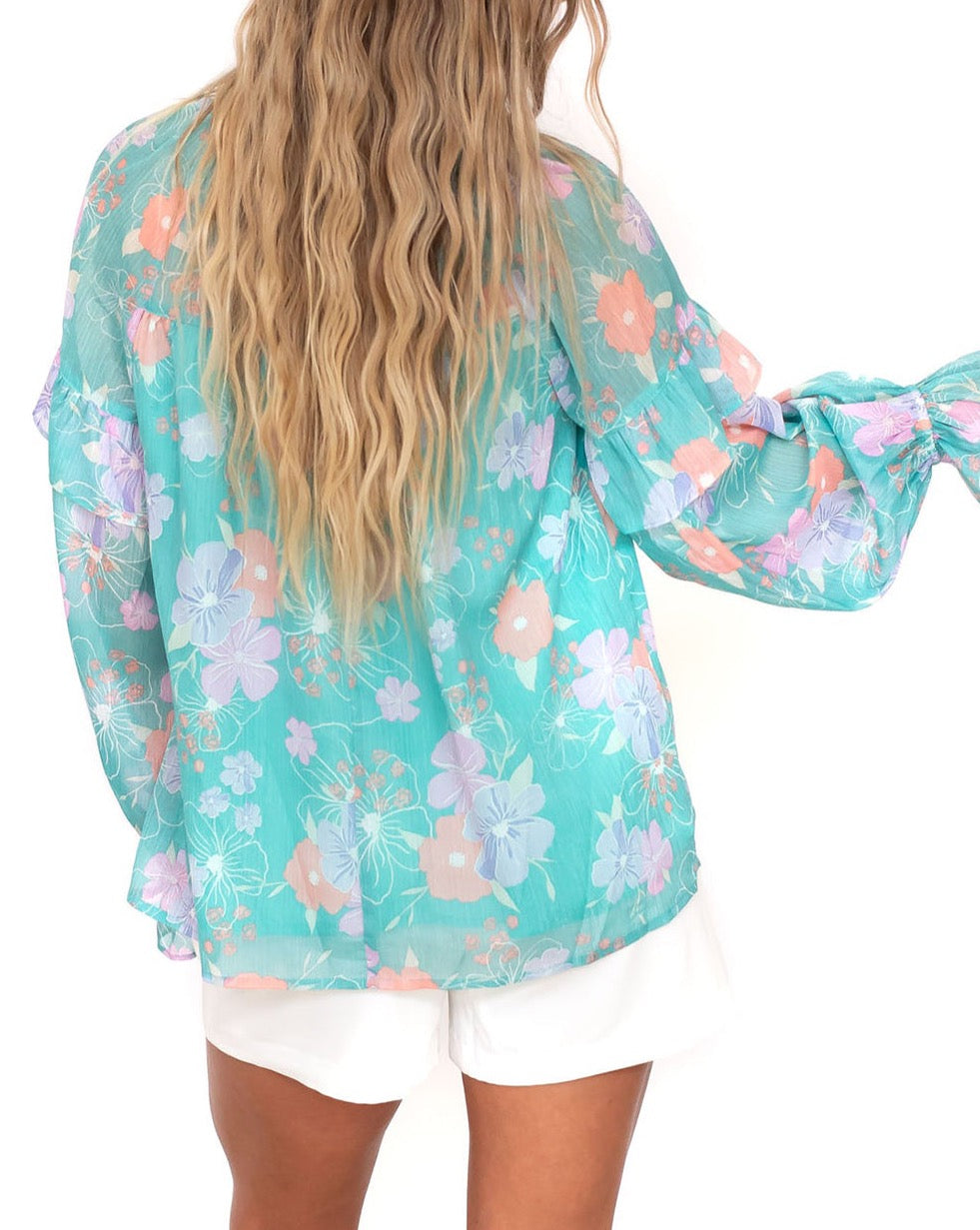 Floral Ruffle Balloon Sleeve Blouse