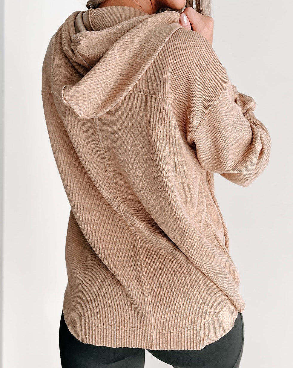 Ribbed Long Sleeve Drawstring Hoodie