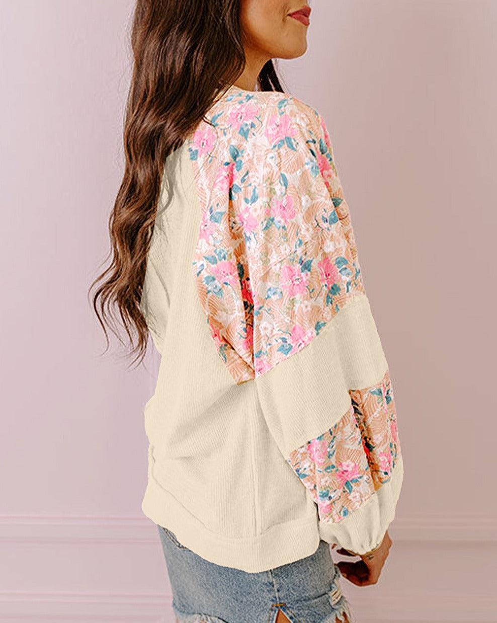 Floral Colorblock Balloon Sleeve Blouse