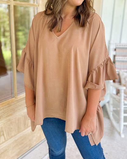 Ruffle Batwing Sleeve V-Neck Blouse Plus Size