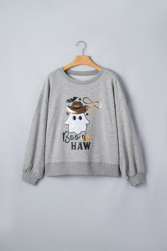 Halloween Western Ghost Sequin Graphic Long Sleeve Sweatshirt