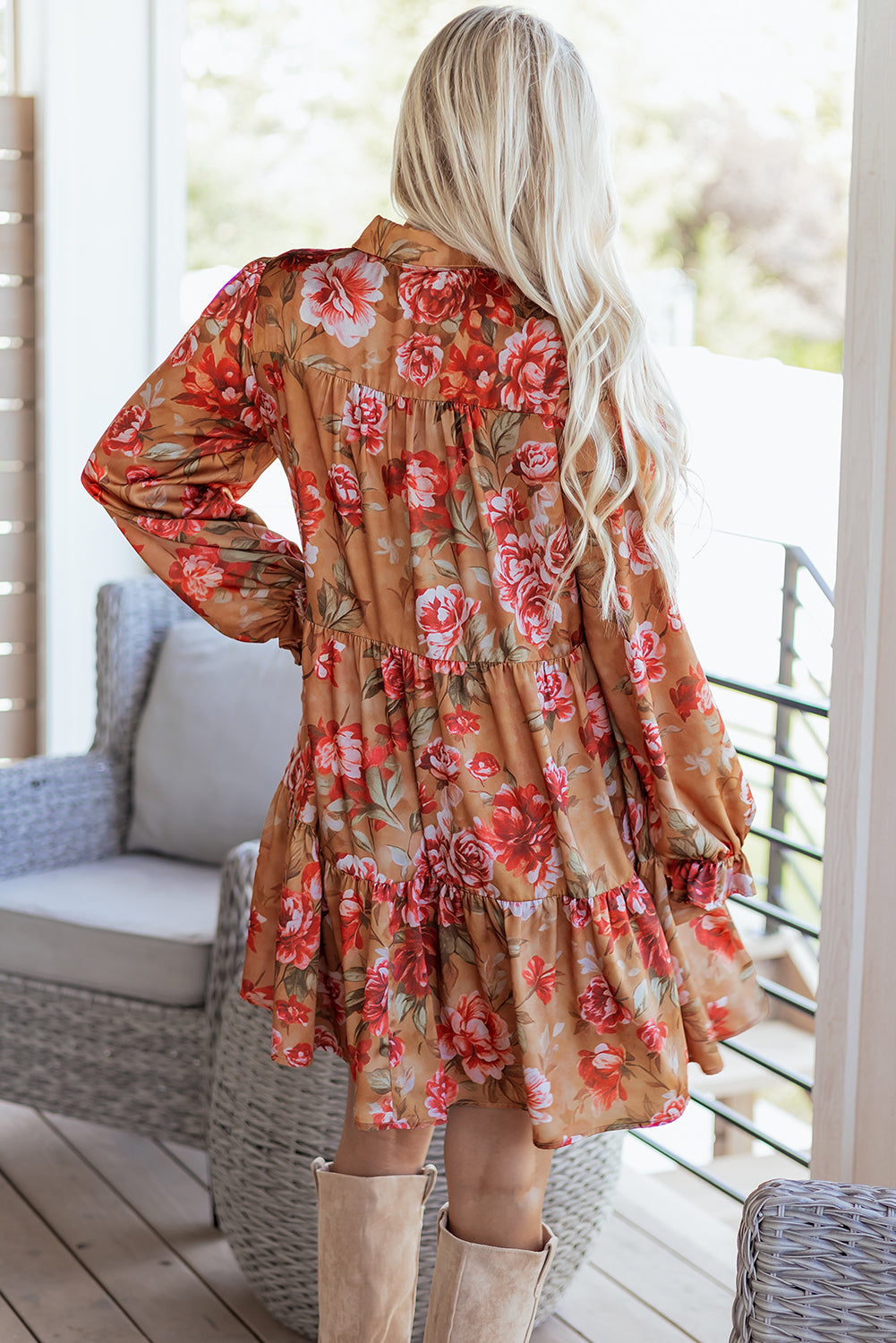 Floral Half-Button Long Sleeve Ruffle Mini Dress