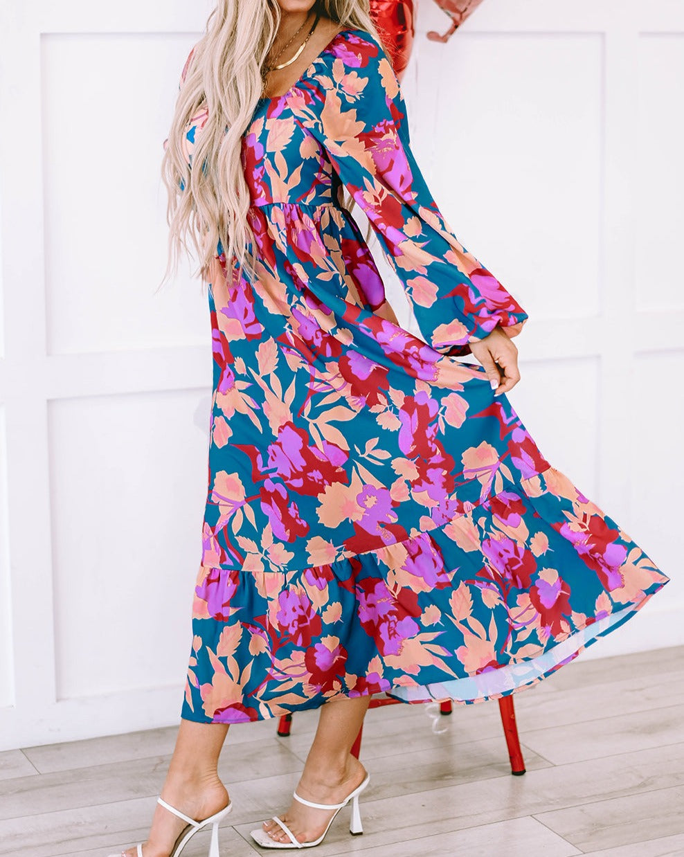 Floral Ruffle Empire Waist Midi Dress