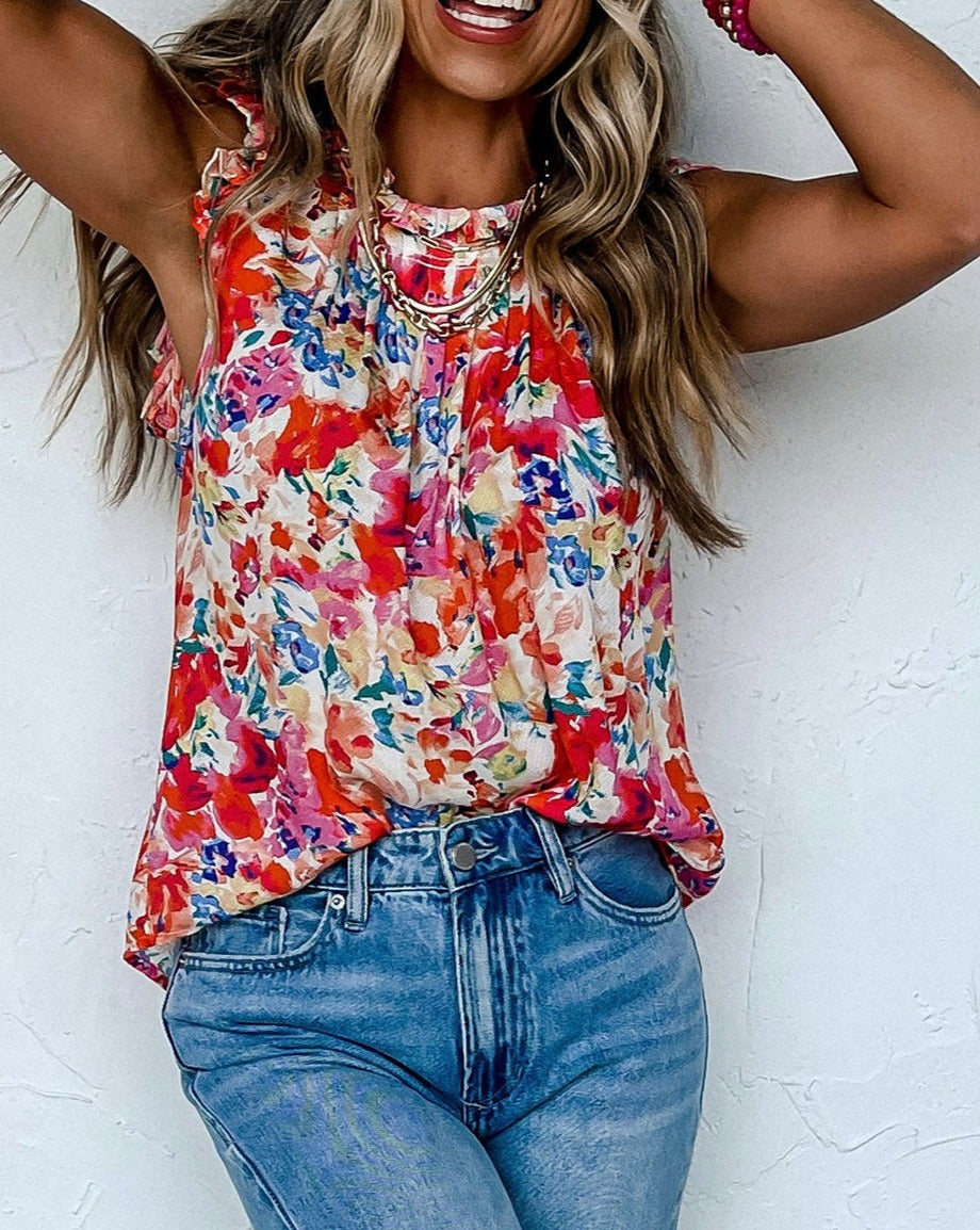 Boho Floral Pleated Tank Top