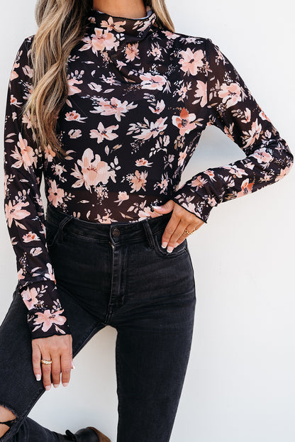Floral Mesh Mock Neck Long Sleeve Top
