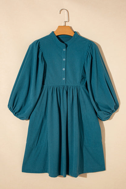 Corduroy Buttoned 3/4 Sleeve Dress