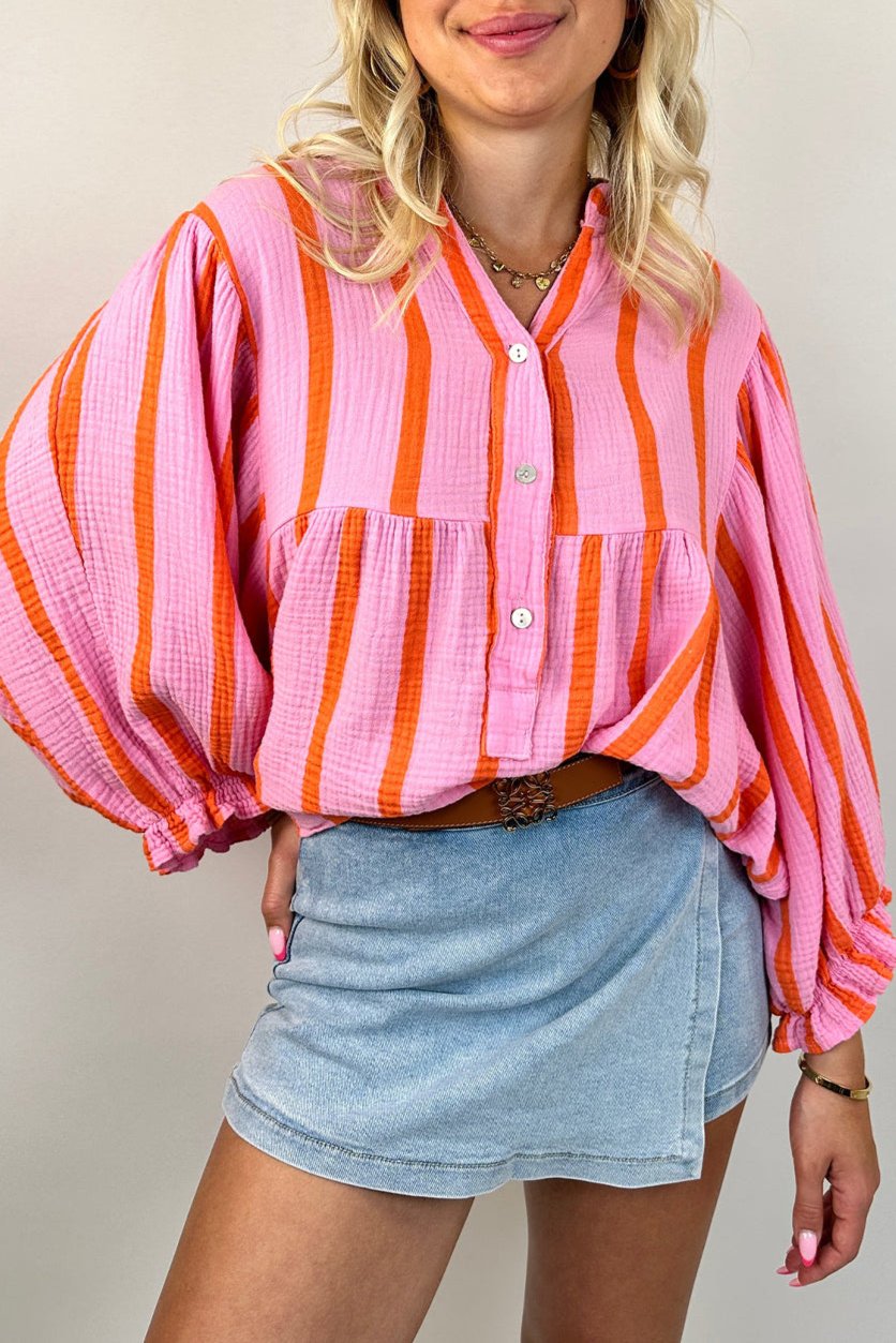 Stripe Ruffle Sleeve Buttoned Shirt