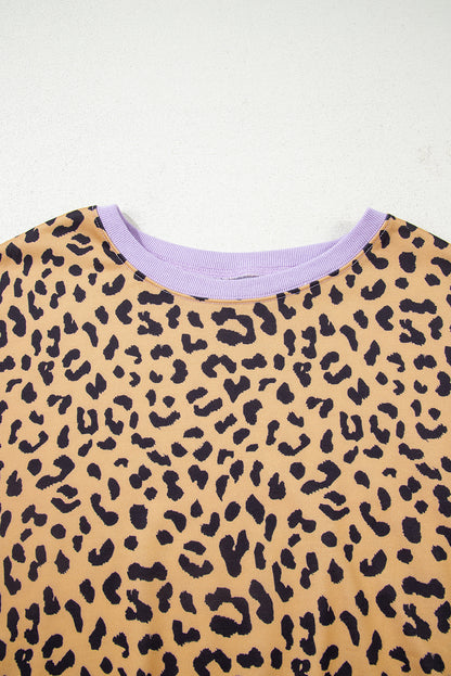 Plus Size Leopard Stripe Patchwork Side Slit Sweatshirt