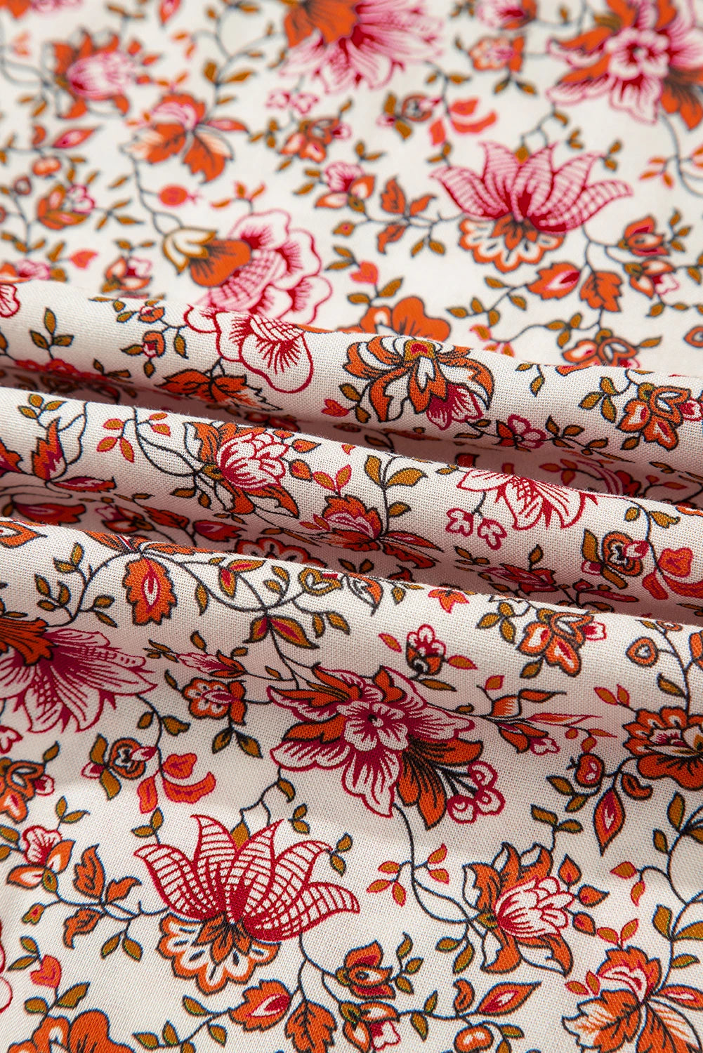 Floral Pleated Notched Neck Puff Sleeve Blouse