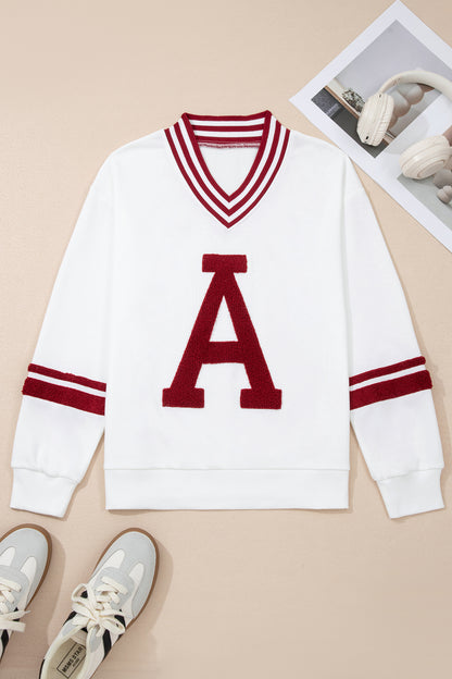 Chenille Varsity Stripe V-Neck Puff Sleeve Sweatshirt