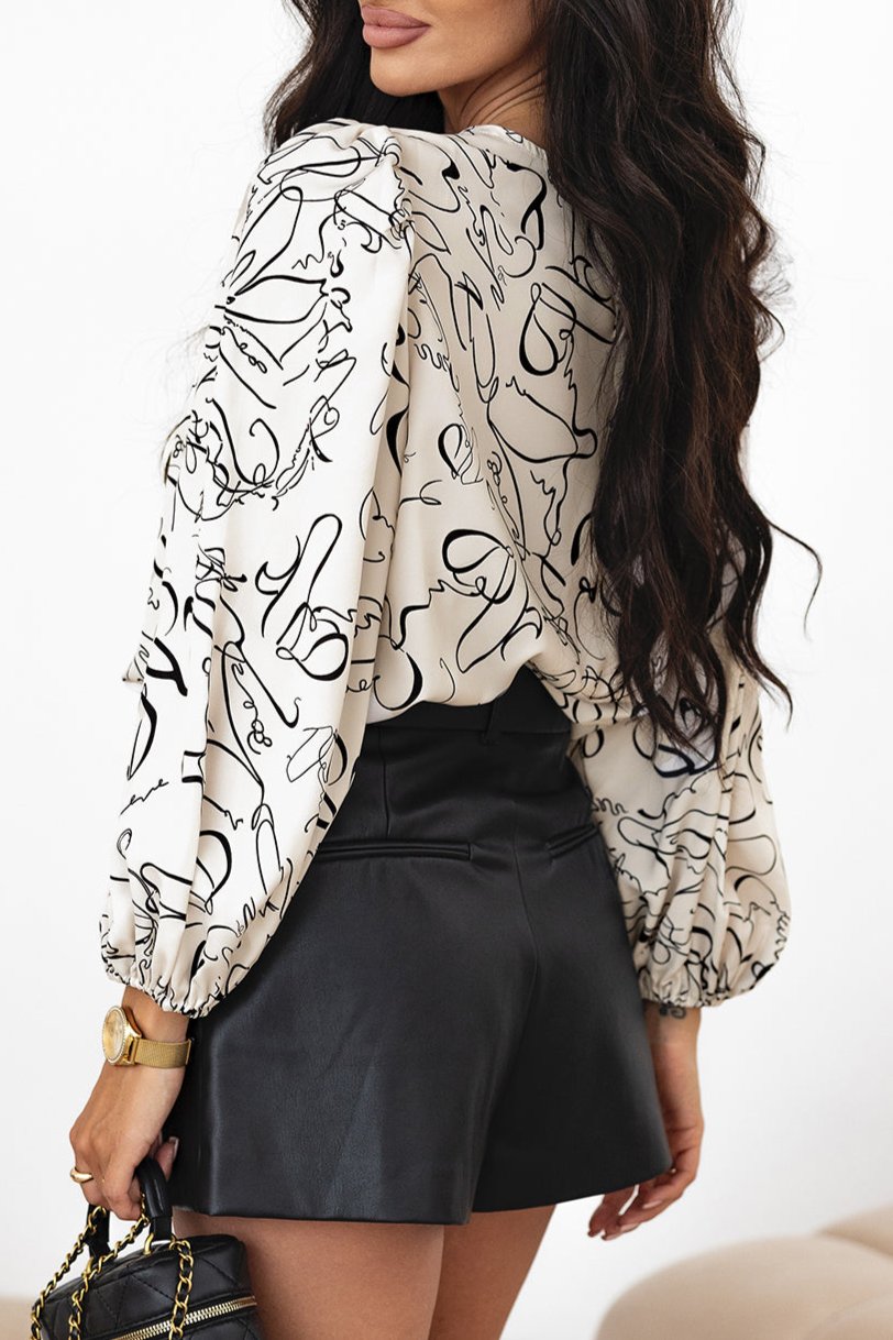 Abstract Crew Neck Balloon Sleeve Blouse