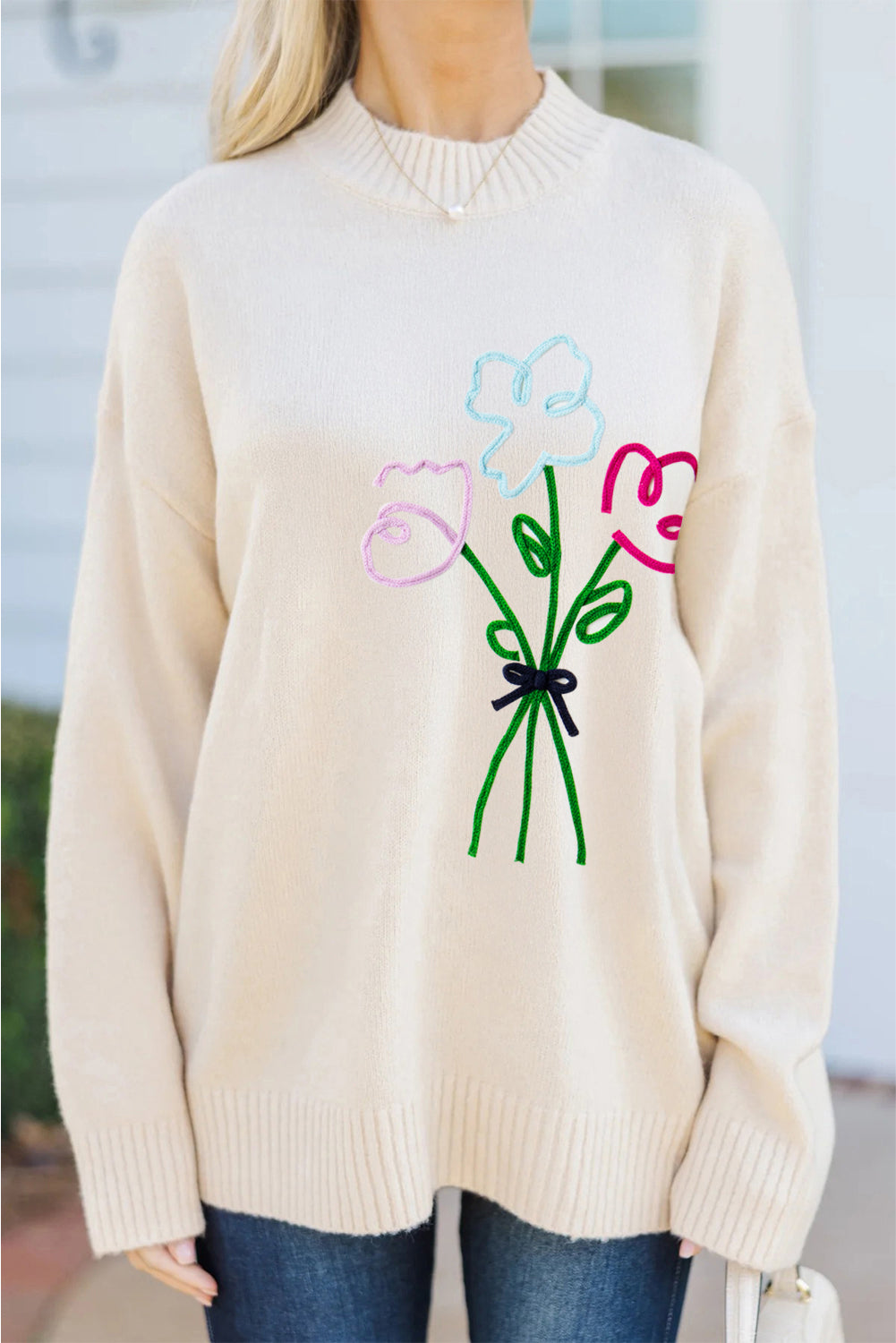 Embroidered Flower Ribbed Loose Sweater