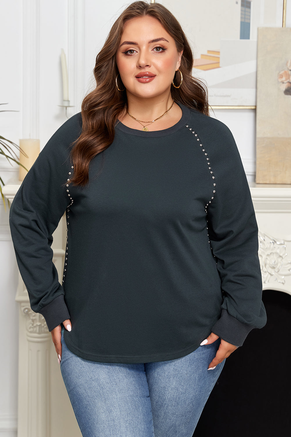 Plus Size Solid Ribbed Edge Studded Mineral Wash Top