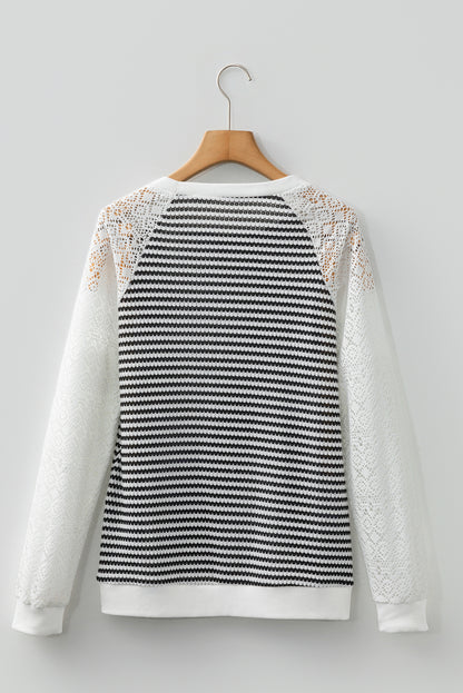 Stripe Textured Knit Lace Patchwork Long Sleeve Top