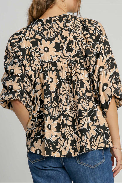 Floral 3/4 Sleeve Split Neck Blouse