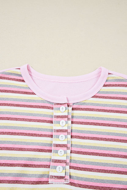 Stripe Patchwork Reverse Seam Henley Sweatshirt